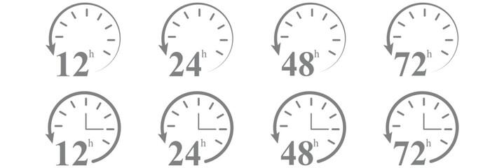 Compact UI and Repeating Clocks Pack. Red small-clock grid with arrow accents. 12, 24, 48 and 72 hours clock arrow. Delivery and service time. Hour timer icon set. 1, 2, 4, 8, 12, 24, 36 48, 72 hours 