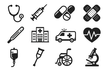 Healthcare icons: stethoscope, syringe, pills, bandages, thermometer, hospital, ambulance, heartbeat, iv, crutch, wheelchair, microscope