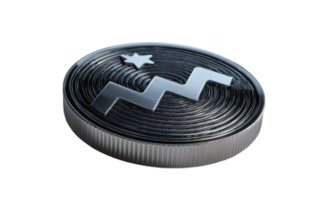 Shiny silver coin with star and zig-zag design on black backdrop