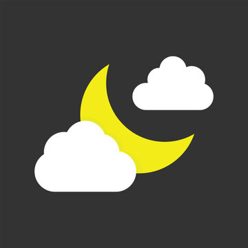 weather icon with crescent moom and clouds, flat night forecast symbol for cloudy night sky