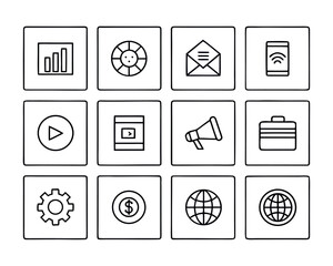 Collection of Black and White Business and Marketing Icons for Website and Mobile App Design Minimalist Style Line Art Icons