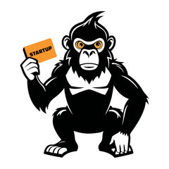 Professional silhouette ape holding business card with startup logo, modern corporate vector illustration for branding, marketing, identity and design.