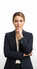 Confident businesswoman in a dark suit, thinking with her hand on her chin, isolated on white background
