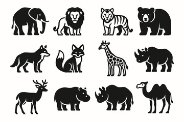 Naklejka premium Collection of stylized animal silhouettes featuring mammals and wildlife icons