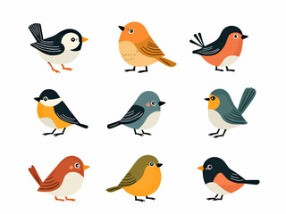 A set of flat vector illustrations in children's style. Cute birds sitting and flying 