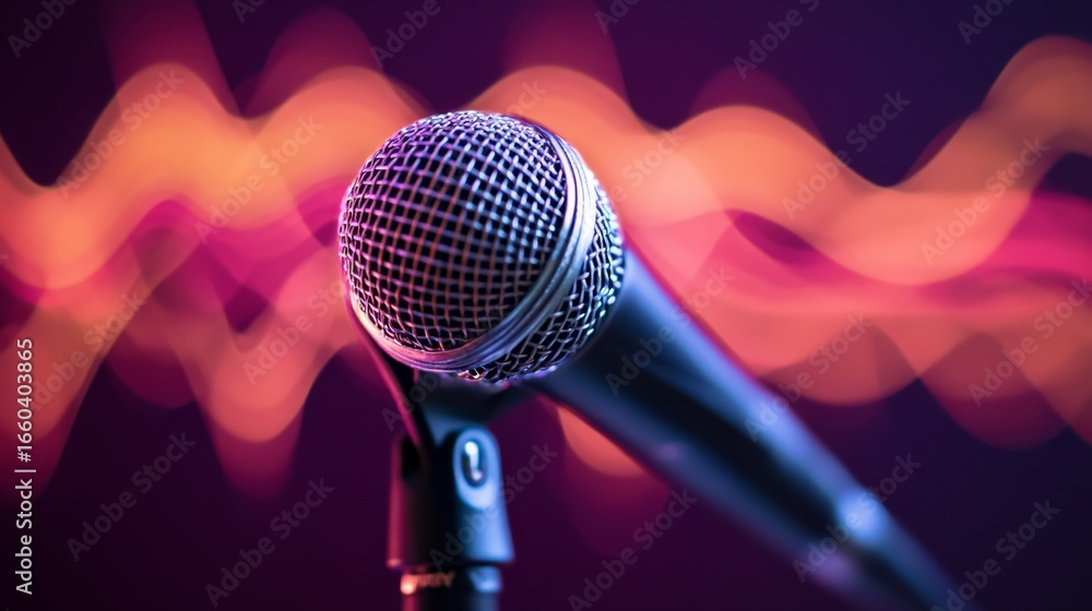 Poster unleashing sound dynamic swirling waves from a microphone in a vibrant studio environment