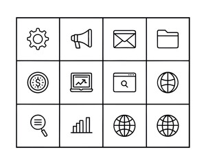 Collection of essential business and marketing line icons representing strategy management finance communication research and global connectivity for website and app design