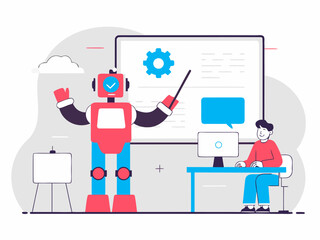 Colorful cartoon scene of tech-savvy robot teaching happy student in modern environment