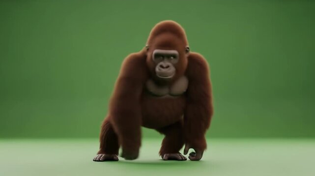 Brown Furry Gorilla Walking in Slow Motion with Natural Lighting Against a Green Background for Cinematic Look