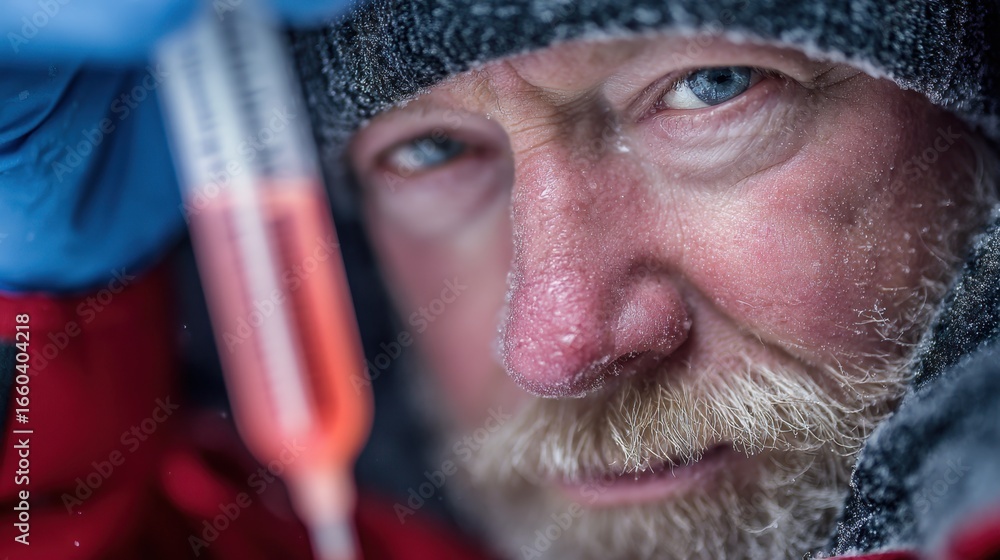 Poster closeup on a thermometer inserted into thawing permafrost core sample scientist blurred behind showc