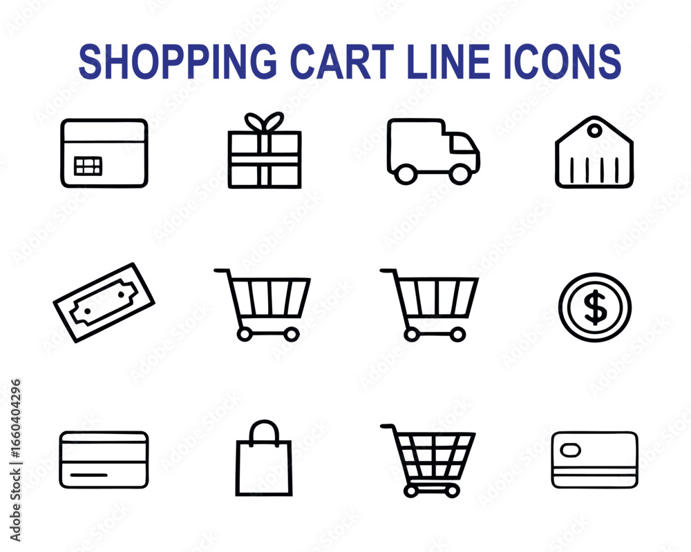 Poster collection of shopping cart line icons representing retail purchase gift delivery and payment method