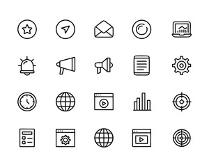 Collection of minimalist outline icons representing essential business and communication tools perfect for web design and interface design projects