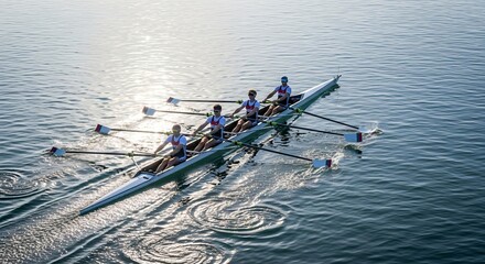 Four athletes powerfully rowing a racing shell in unison on calm water under bright sunlight