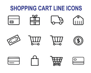 Collection of Shopping Cart Line Icons Representing Retail Purchase Gift Delivery and Payment Methods for ECommerce Websites and Mobile Applications