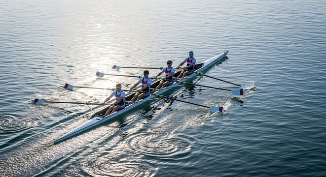 Four athletes powerfully rowing a racing shell in unison on calm water under bright sunlight