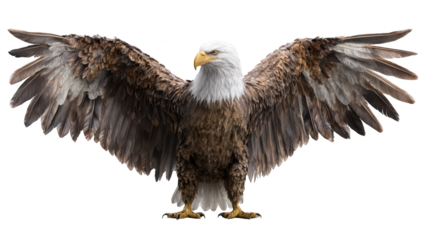 Full shot of an American bald eagle with wings spread wide, against a black background.  The eagle is centered in the image, displaying its powerful, feathered wings fully extended.
