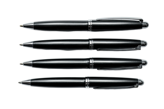 Four black ballpoint pens in a row, top view.  Each pen has a smooth, matte finish and a slightly tapered barrel.  Small metallic accents are visible near the ends. 