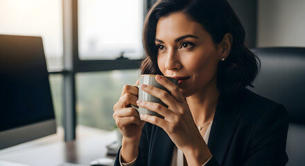 Thoughtful businesswoman in a suit drinking coffee at her office desk with a computer