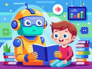 Cute cartoon robot teaching young boy to read in colorful futuristic