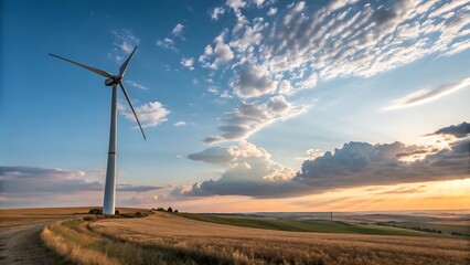 Obraz premium Wind Turbine in Golden Fields at Sunset: Sustainable Energy and Natural Beauty Combined.