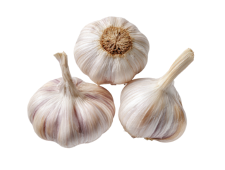 Three whole garlic bulbs arranged in a  triangular pattern.  Each bulb displays  a  light beige/tan  outer layer,  and  a pinkish-purple  hued  striations, and  a  light brown base