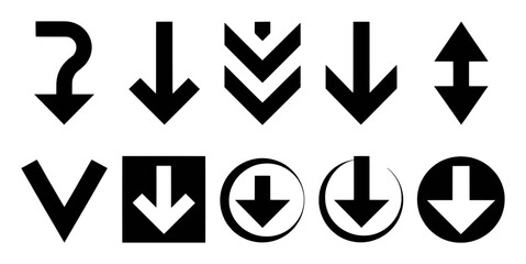Collection of diverse black arrow icons pointing downwards and up/down