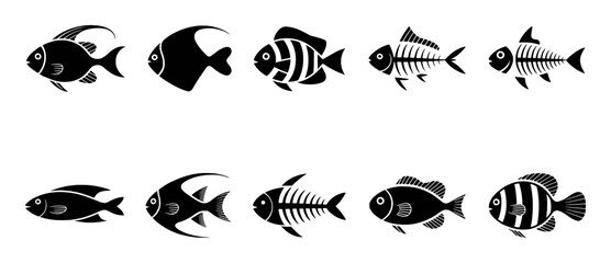 Collection of Diverse Black Fish Silhouettes and Skeletons