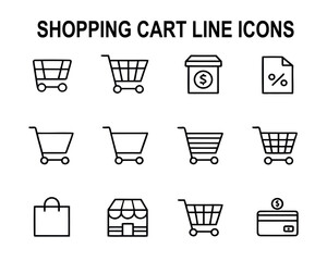 Collection of Shopping Cart and ECommerce Vector Line Icons for Online Retail and Business Solutions Depicting Various Stages of the Customer Journey