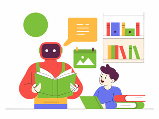Educational AI character helping child learn with books