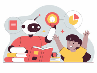 Educational AI character helping child learn with books and glowing infographic elements