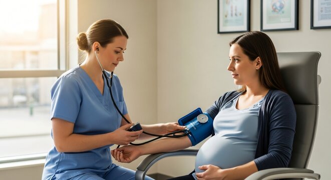 Caring nurse monitors pregnant woman's blood pressure in bright, modern clinic setting - Powered by Adobe