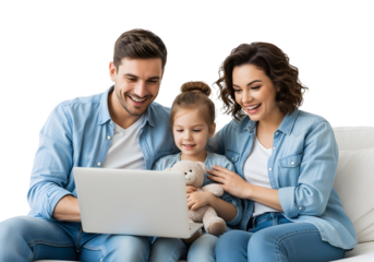 Joyful young family bonding at home, sharing smiles and laughter while engaging with a laptop, highlighting modern family life and togetherness.