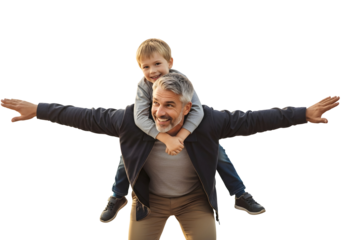 Joyful father and son bonding with a playful piggyback ride, capturing a heartwarming moment of fun and connection, embodying pure happiness.
