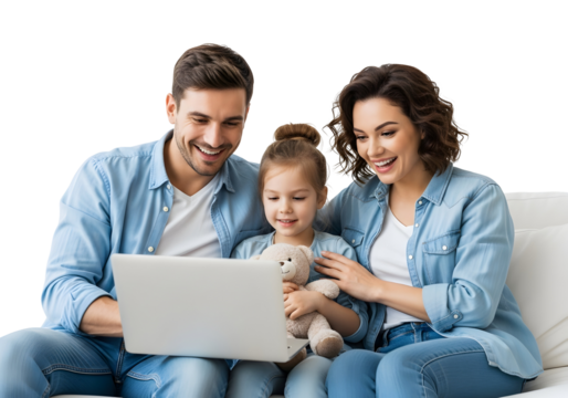 Joyful young family bonding at home, sharing smiles and laughter while engaging with a laptop, highlighting modern family life and togetherness.