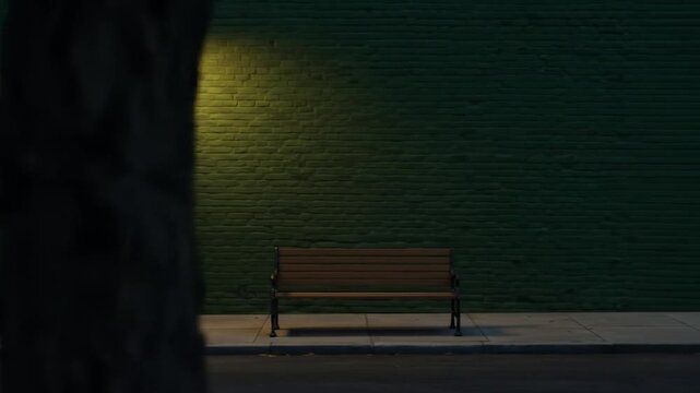 Illuminated lamp post and empty bench against brick wall in muted green night scene