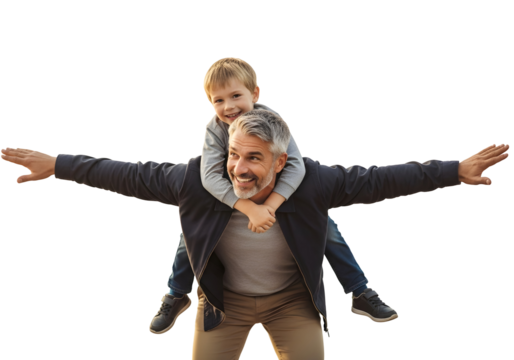 Joyful father and son bonding with a playful piggyback ride, capturing a heartwarming moment of fun and connection, embodying pure happiness.