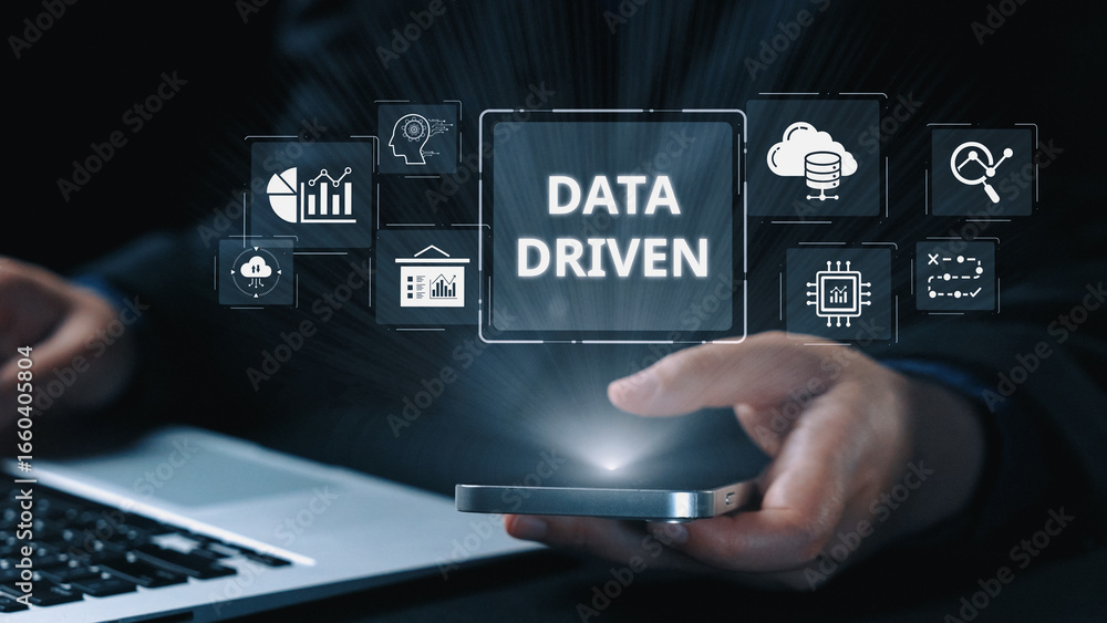 Poster Data-driven decision-making empowers business through analytics, datum collection, and AI systems. Data driven tools support cloud data processing and data visualization across datum platforms. Elide