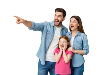 A joyful family, with father, mother, and their daughter, express genuine surprise and excitement, pointing collaboratively and sharing a moment of pure happiness and discovery.