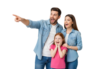 A joyful family, with father, mother, and their daughter, express genuine surprise and excitement, pointing collaboratively and sharing a moment of pure happiness and discovery.