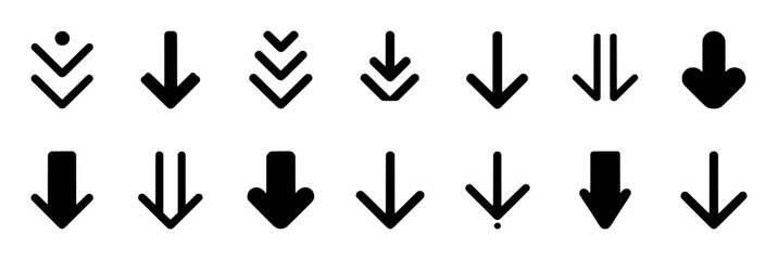 Collection of Diverse Downward Arrow Icons in Black and White