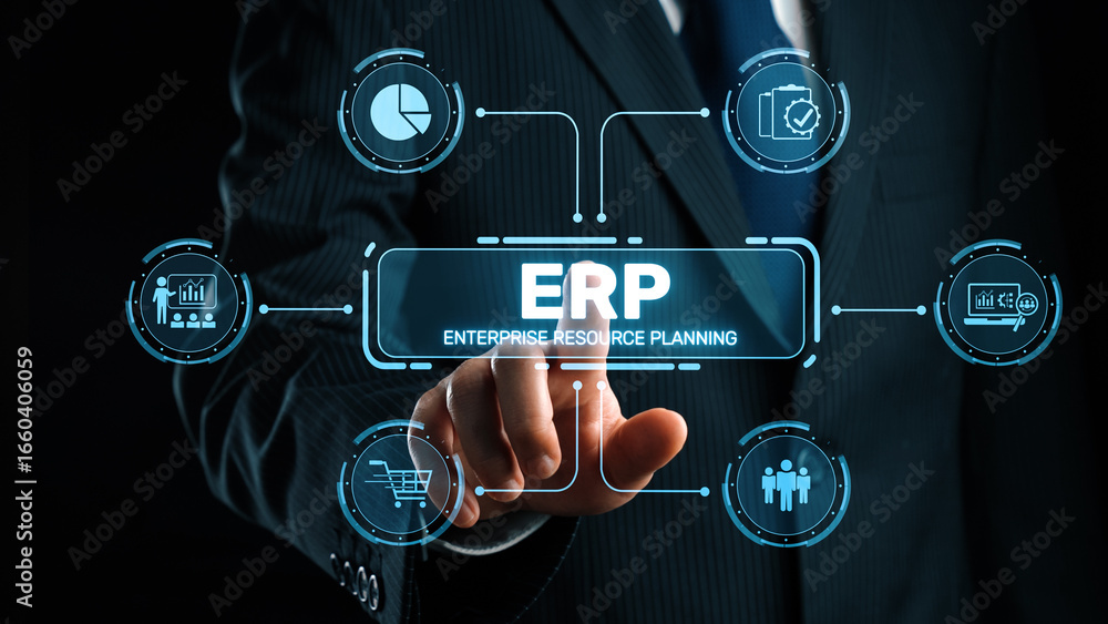 Poster erp platform visual showing centralized system for enterprise resource planning, improving integrati
