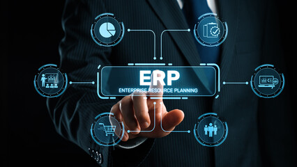ERP platform visual showing centralized system for enterprise resource planning, improving integration, data flow, business efficiency, finance, inventory, and human resources. Elide