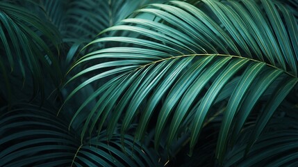 Lush Dark Green Tropical Palm Leaves on Dark Background