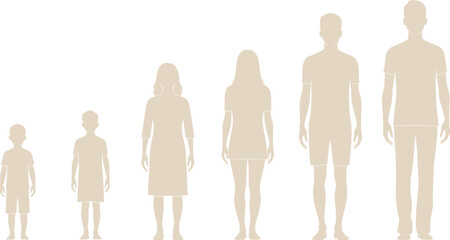 human growth stages, child to adult, silhouette figures, height progression, vector illustration, people development, age evolution, standing poses, life cycle concept, black outline design