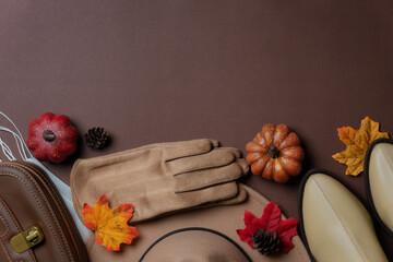 Autumn fashion accessories flat lay. Seasonal fall outfit inspiration for women.