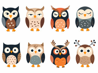 Set of flat vector illustrations in children's style. Cute owls with glasses and graduation hat, pointing with wing and reading books