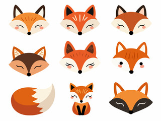 Collection of cartoon illustrations with fox performing different actions. Colorful cute character.