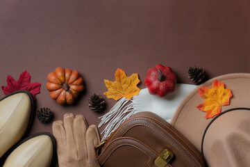 Autumn fashion accessories flat lay. Seasonal fall outfit inspiration for women.