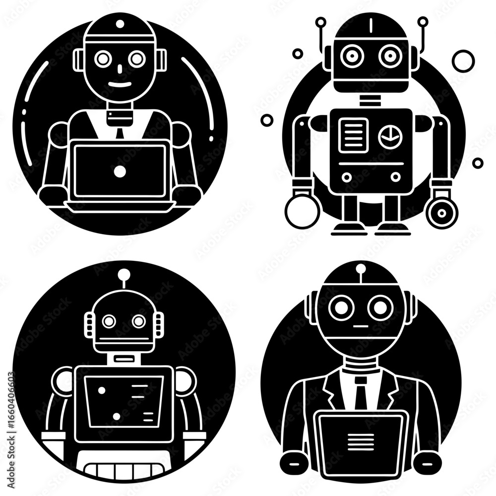 Aufkleber four robots in black and white with different designs and one is using a laptop in a business suit