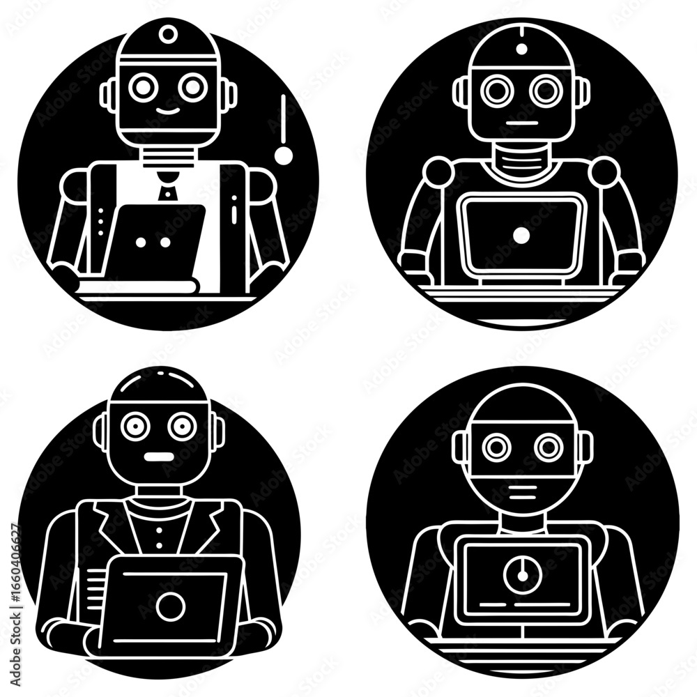 Aufkleber four black and white robot avatars working with laptops in a circular frame on a white background